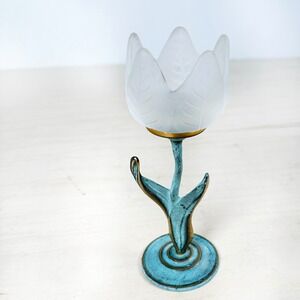 Vintage Brass Verdigris and Frosted‎ Glass Tulip Candle Holder by Design Studio